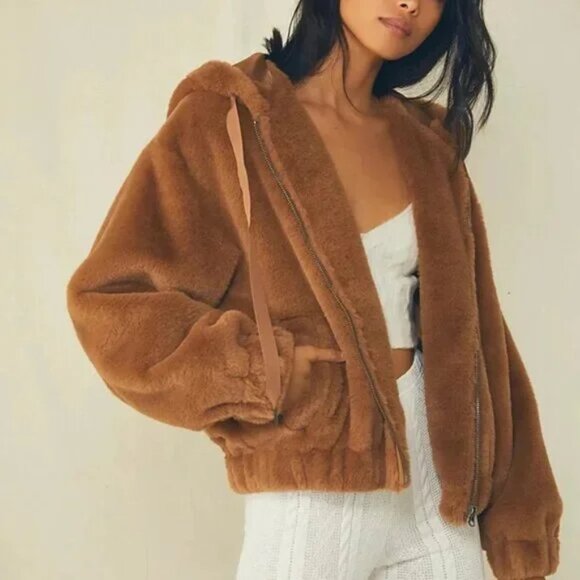 Free People We The Free Freya Fur Hoodie Teddy Jacket in Cinnamon Sprinkle - Picture 16 of 16